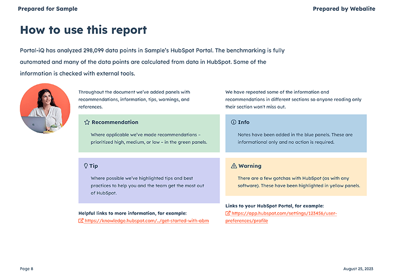 Sample page from a HubSpot Audit showing recommendations, tips, info, warnings and links