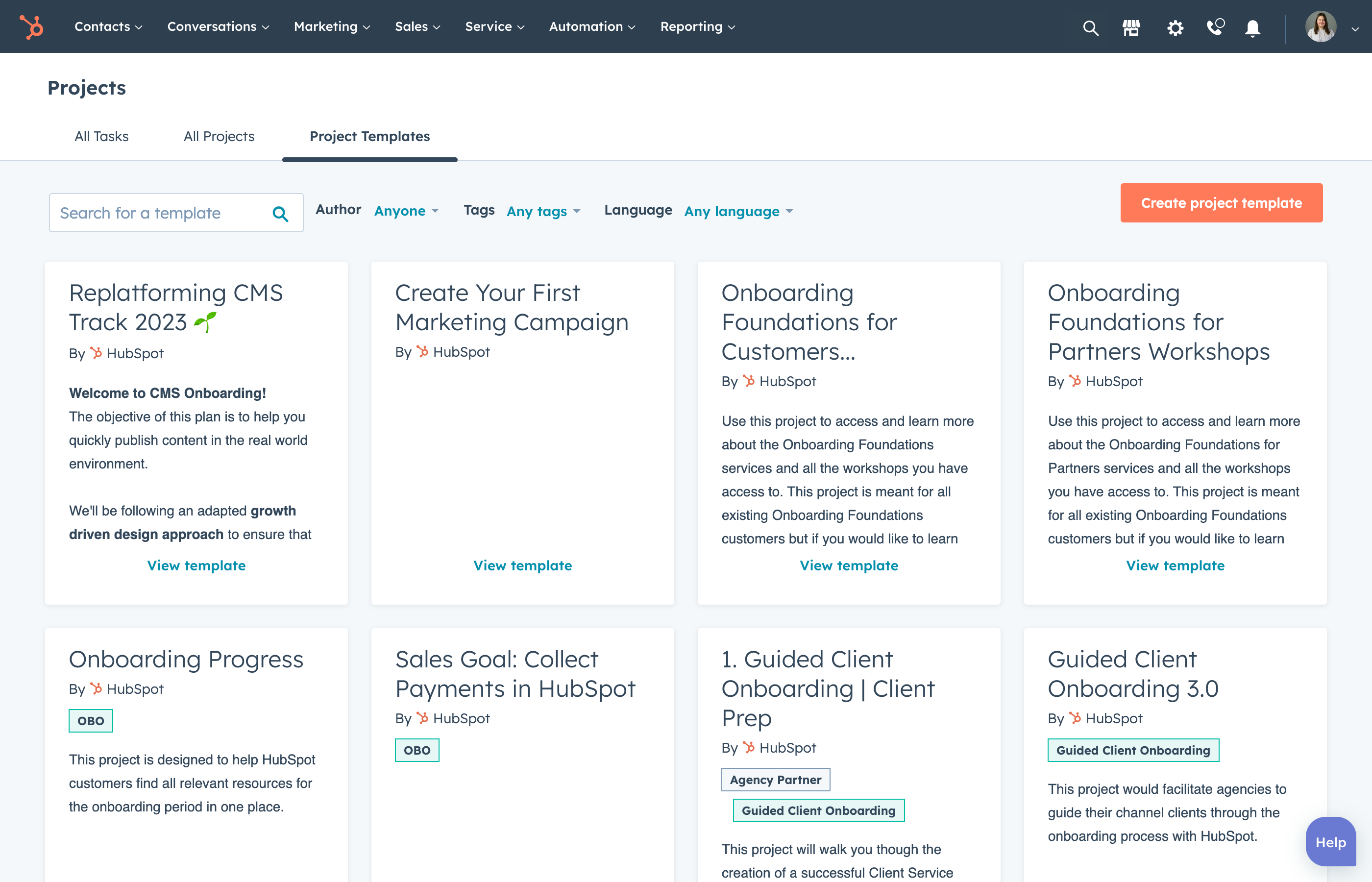 Project templates in HubSpot Projects
