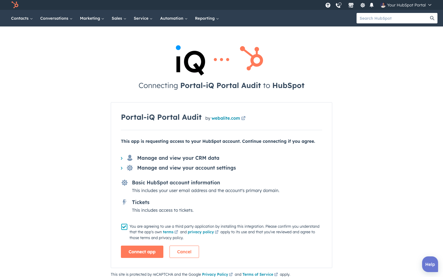 Portal-iQ Checkout - Step 2 - connect the app with HubSpot